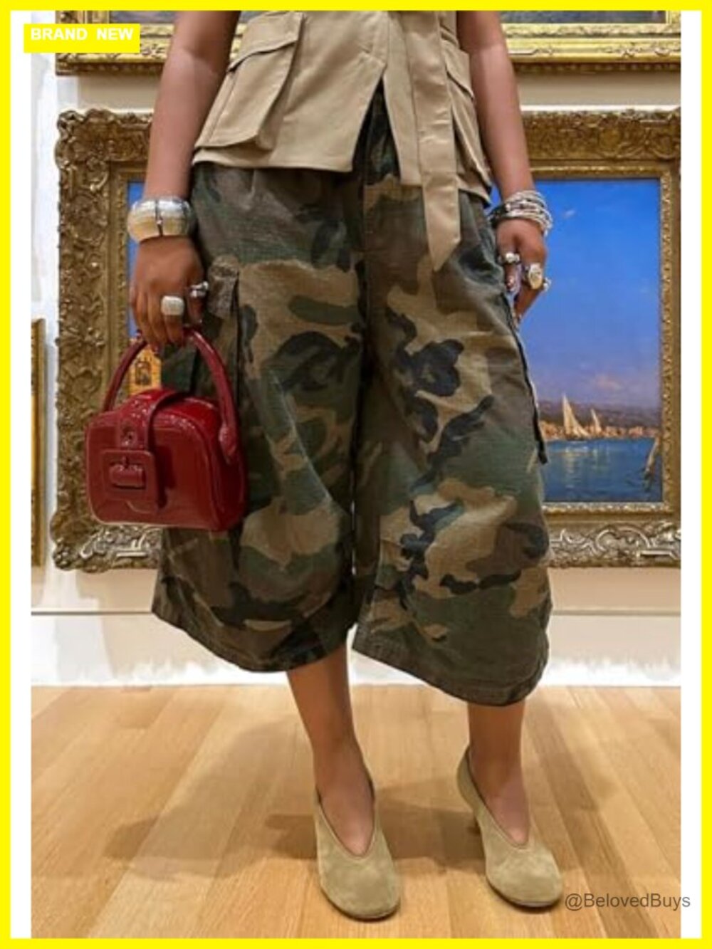 Wide Leg High Waist Cargo Crop Pants Capri Camo Denim - Picture 3 of 6